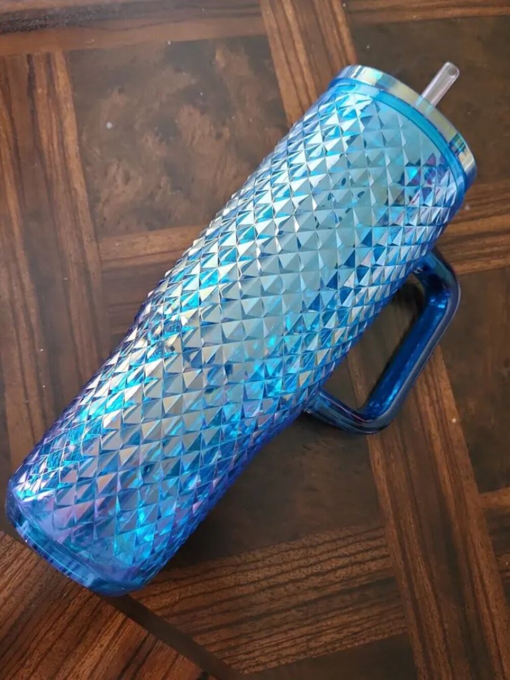 NEW 30oz Big Textured Tumbler Straw and Handle Diamond Blue Iridescent Insulated